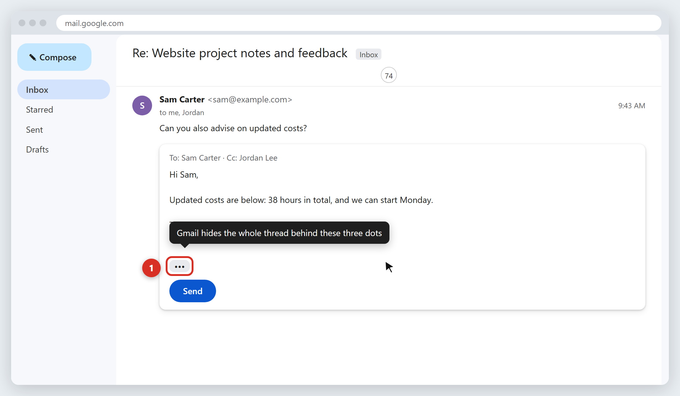 A Gmail reply box with the three-dot Show trimmed content button at the bottom