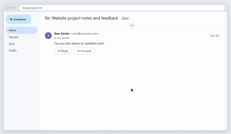 Animation showing ThreadTrim removing 41 earlier emails from a Gmail reply automatically, with an Undo link